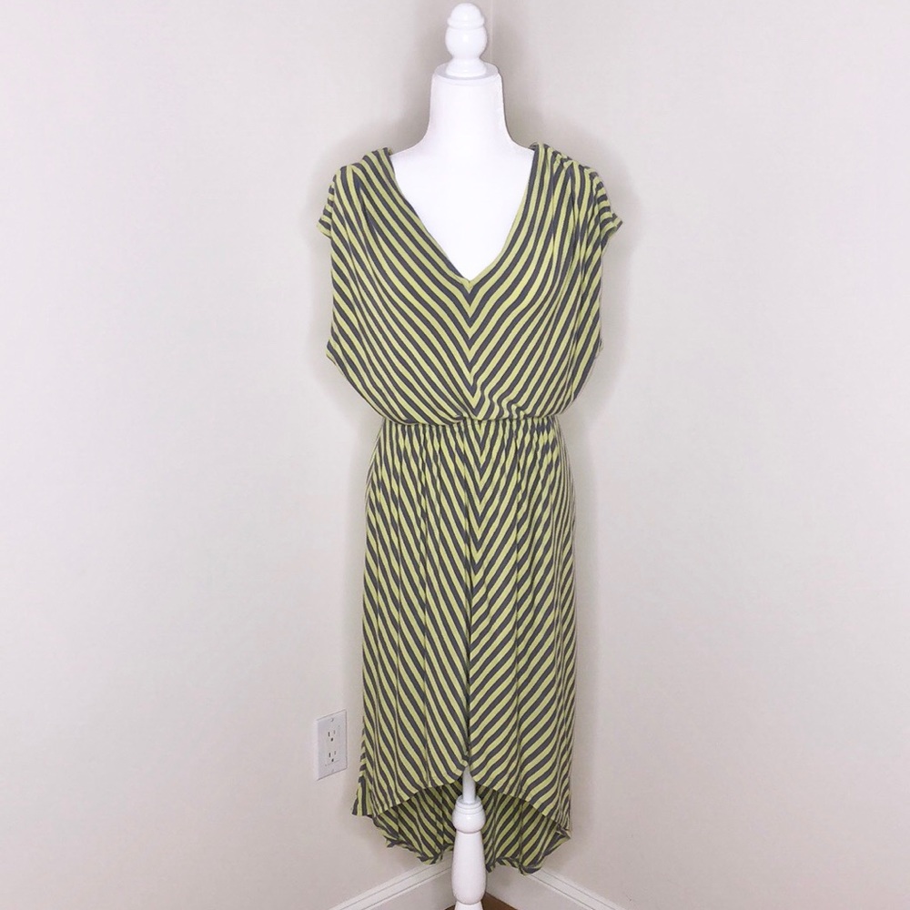 Light Green and Gray Striped High-Low Dress